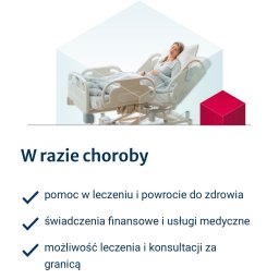 Julia Matuszak - Grafika informacyjna: kobieta w łóżku szpitalnym, hasło 'W razie choroby', pomoc w leczeniu, świadczenia finansowe i leczenie za granicą. Oferta z Łodzi.