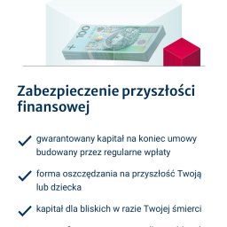 Julia Matuszak - Grafika: Stos banknotów 100 zł w kopercie, czerwony sześcian. Tekst: Zabezpieczenie przyszłości finansowej, gwarantowany kapitał, forma oszczędzania, kapitał dla bliskich.