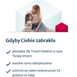 Julia Matuszak - Grafika z matką i córką w Łodzi, symbolizująca bezpieczeństwo finansowe rodziny. Tekst: 'Gdyby Ciebie zabrakło', podkreśla korzyści.
