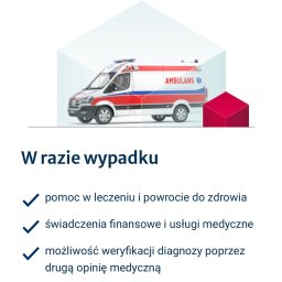 Julia Matuszak - Grafika: Ambulans w minimalistycznej scenerii, hasło 'W razie wypadku' i lista korzyści: pomoc w leczeniu, świadczenia finansowe, weryfikacja diagnozy.