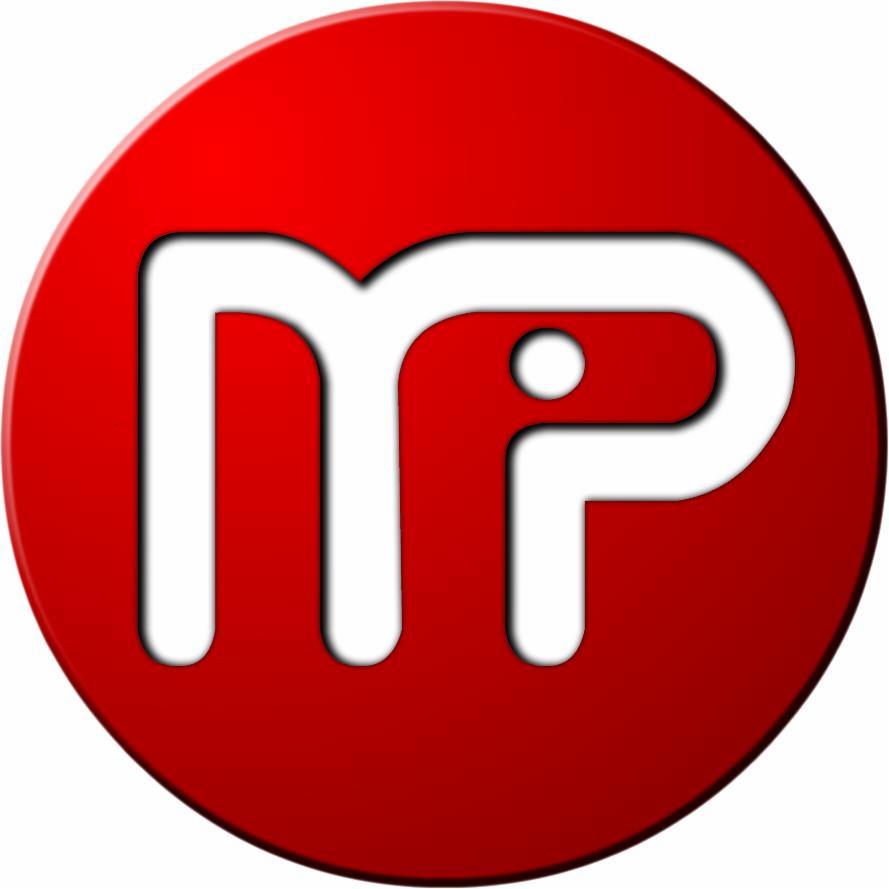 Czerwone logo z białym napisem 'mp' z zaokrąglonymi brzegami i efektem 3D.