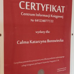 Biuro Rachunkowe Calma - Certyfikat Centrum Informacji Księgowej nr 6412340777/22 dla Calma Katarzyna Borowiecka, potwierdzający pozytywną weryfikację usług księgowych C.I.K. Data wydania 18.08.2022.