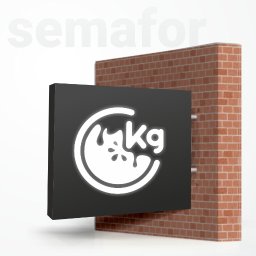 Kiwi Gifts Drukarnia Reklama - Podświetlane logo z grafiką przypominającą owoc i napisem 'kg', umieszczone na czarnym panelu, zamontowane na ceglanej ścianie. W tle widoczny napis 'semafor'.