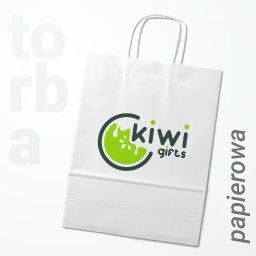 Kiwi Gifts Drukarnia Reklama - Biała torba papierowa z zielonym logo 'kiwi gifts' na jasnym tle.
