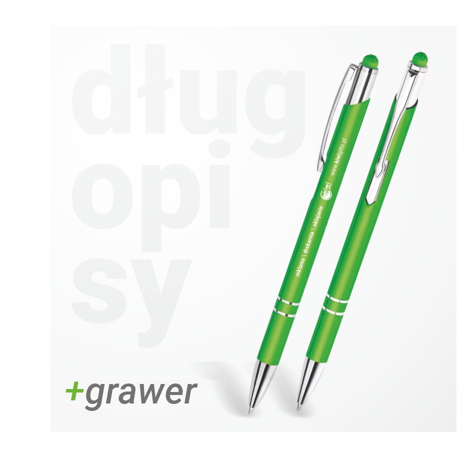 Dwa zielone długopisy z logo firmy i napisem '+grawer' na jasnym tle.