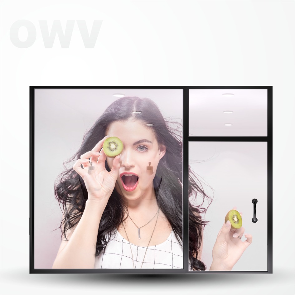 Grafika reklamowa z kobietą trzymającą kiwi na tle witryny sklepowej z czarną ramą.