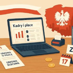 Kancelaria Prawno - Księgowa MatiMaks sp. z o.o. - Ilustracja biurka z laptopem wyświetlającym system 'Kadry i płace', dokumentami PIT-11, umowami o pracę i zlecenie, kalendarzem, napisem ZUS oraz mapą Polski w tle.