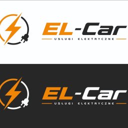 EL-CAR Adrian Jędrzejczyk - Logo firmy EL-Car Usługi Elektryczne. Symbol błyskawicy z wtyczką w okręgu, nazwa firmy w kolorze pomarańczowym i białym na dwóch tłach: białym i czarnym.