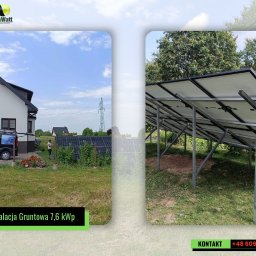 Green Watt Solar Technologies Sp. z o.o. - Instalacja gruntowa paneli słonecznych 7,6 kWp na trawiastym terenie obok domu jednorodzinnego. Widok zza paneli na konstrukcję wsporczą i otoczenie.