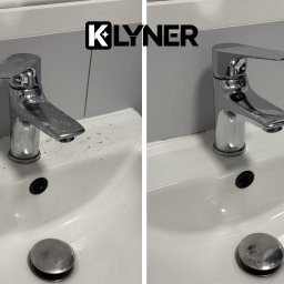 Klyner - Umywalka z baterią przed i po czyszczeniu. Po lewej bateria i umywalka zabrudzone, po prawej lśniące. Widoczne napisy 'PRZED' i 'PO'.