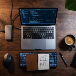 LK Project Łukasz Kamiński - Laptop z kodem, notatnik z planami, klawiatura z podświetleniem, kawa i telefon na drewnianym biurku. Elementy pracy programisty w ciepłym oświetleniu.