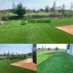 EFEKT MURAWA - Trzy ujęcia zadbanego, intensywnie zielonego trawnika, prawdopodobnie sztucznego, z drewnianym tarasem przy nowoczesnym domu jednorodzinnym.