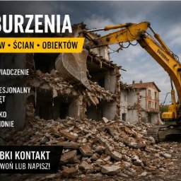 NexTrans - Żółta koparka na tle gruzowiska po wyburzonym budynku. Widoczne fragmenty ścian i konstrukcji. Na pierwszym planie hasła reklamowe firmy wyburzeniowej.