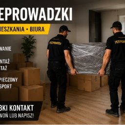NexTrans - Dwóch pracowników w czarnych uniformach niesie zapakowany mebel w folii stretch, w tle kartony i grafika z hasłami: pakowanie, demontaż, transport. Przeprowadzki domów i biur.