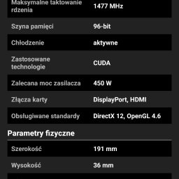 Mrd210125 - Specyfikacja karty graficznej: częstotliwość taktowania pamięci 14000 MHz, szyna pamięci 96-bit, chłodzenie aktywne, złącza DisplayPort i HDMI, DirectX 12, OpenGL 4.6.