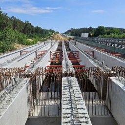 zbrojenia.eu - Budowa wiaduktu: betonowe elementy konstrukcyjne z widocznym zbrojeniem stalowym, w tle las i błękitne niebo. Prace zbrojarskie w toku.