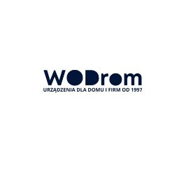 F.H.U. WODROM - Logo firmy WODrom z hasłem 'Urządzenia dla domu i firm od 1997' na białym tle. Minimalistyczny design w odcieniach granatu.
