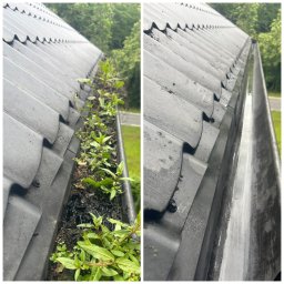 EcoPure Cleaning Solutions - Porównanie rynny przed i po czyszczeniu: po lewej brudna, pełna zielonych roślin i ziemi, po prawej czysta, pusta i mokra. Ciemnoszare dachówki w tle.