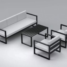 patspaw - Metalowy zestaw mebli ogrodowych: sofa z białymi poduchami, stolik kawowy i dwa fotele, wszystko w minimalistycznym stylu, na jasnym tle.