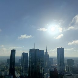 ALP Usługi Wysokościowe Marcin Adasiewicz - Rozległa panorama miasta z wysokiego punktu, ukazująca nowoczesne wieżowce i charakterystyczny budynek z iglicą, pod jasnym słońcem przebijającym przez chmury.