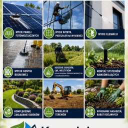 Komplekspro - Baner reklamowy Komplekspro z dziewięcioma zdjęciami usług: czyszczenie paneli, witryn, elewacji, kostki, koszenie, nawadnianie, zakładanie ogrodów, niwelacja, nasadzenia.