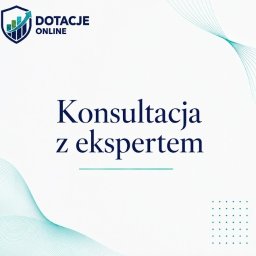 DOTACJE ONLINE Dariusz Kozakiewicz - Grafika promocyjna z ciemnoniebieskim napisem 'Konsultacja z ekspertem' na białym tle, ozdobiona turkusowymi falami i logo 'DOTACJE ONLINE' przedstawiającym tarczę z wykresem słupkowym.