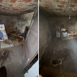 Szybkie przeprowadzki i sprzątanie - Dwie perspektywy brudnej piwnicy z ceglanymi ścianami i betonową podłogą: z lewej pełnej śmieci i kartonów, z prawej częściowo opróżnionej i uporządkowanej.