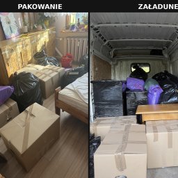 Szybkie przeprowadzki i sprzątanie - Dwa ujęcia: pokój z drewnianą komodą, kartonami i workami po pakowaniu oraz wnętrze białego busa z załadowanymi pudłami i torbami, ilustrujące proces transportu.