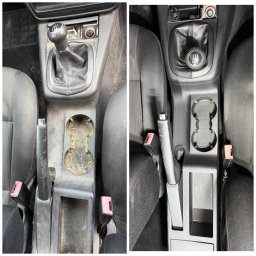 ABR CLEAN&WASH - Porównanie wnętrza samochodu przed i po czyszczeniu: brudna konsola środkowa z uchwytami na kubki i drążkiem zmiany biegów obok czystej, odświeżonej.