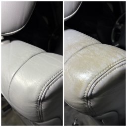 ABR CLEAN&WASH - Czysta, jasna tapicerka skórzana fotela samochodowego po lewej i ta sama powierzchnia z widocznymi zabrudzeniami po prawej, ukazujące efekt czyszczenia.