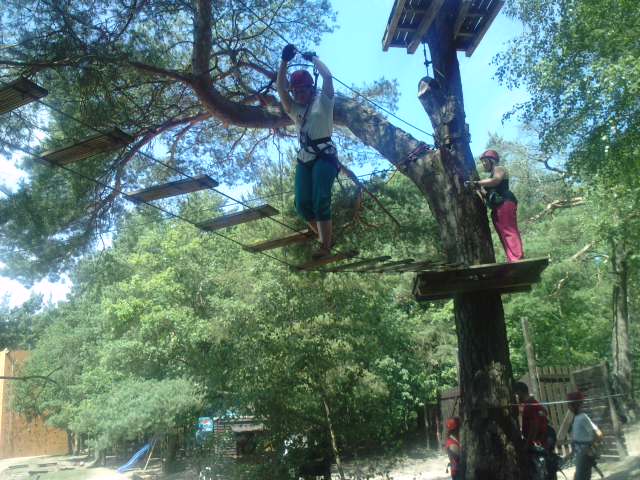 Uczestnicy w parku linowym pokonują przeszkodę na wysokości, widoczne drewniane platformy zawieszone między drzewami, osoby w kaskach i uprzężach, w tle zielony las.