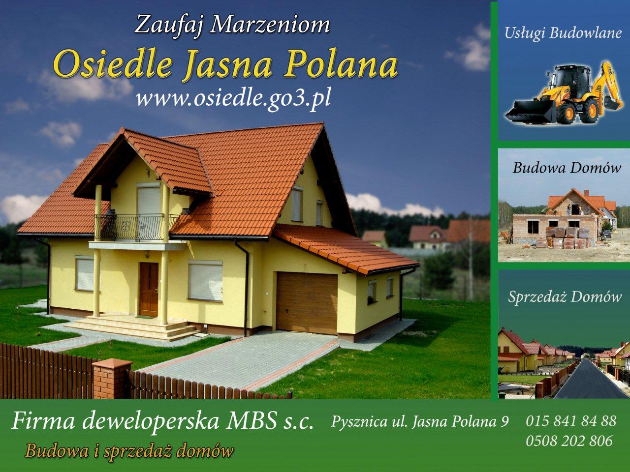 Gotowy, parterowy dom jednorodzinny z czerwonym dachem i jasną elewacją, prezentowany jako część osiedla mieszkaniowego z nazwą i adresem strony internetowej widocznymi na górze.