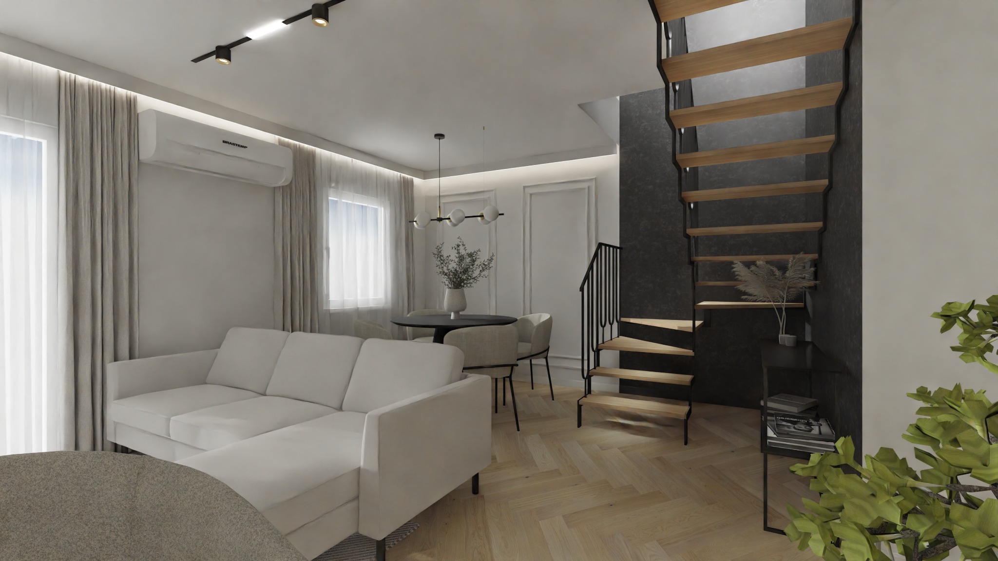 Nowoczesny salon z jadalnią: jasna narożna sofa, okrągły stół, parkiet w jodełkę. Otwarte schody z czarną metalową balustradą i drewnianymi stopniami. Minimalistyczne oświetlenie i klimatyzacja.