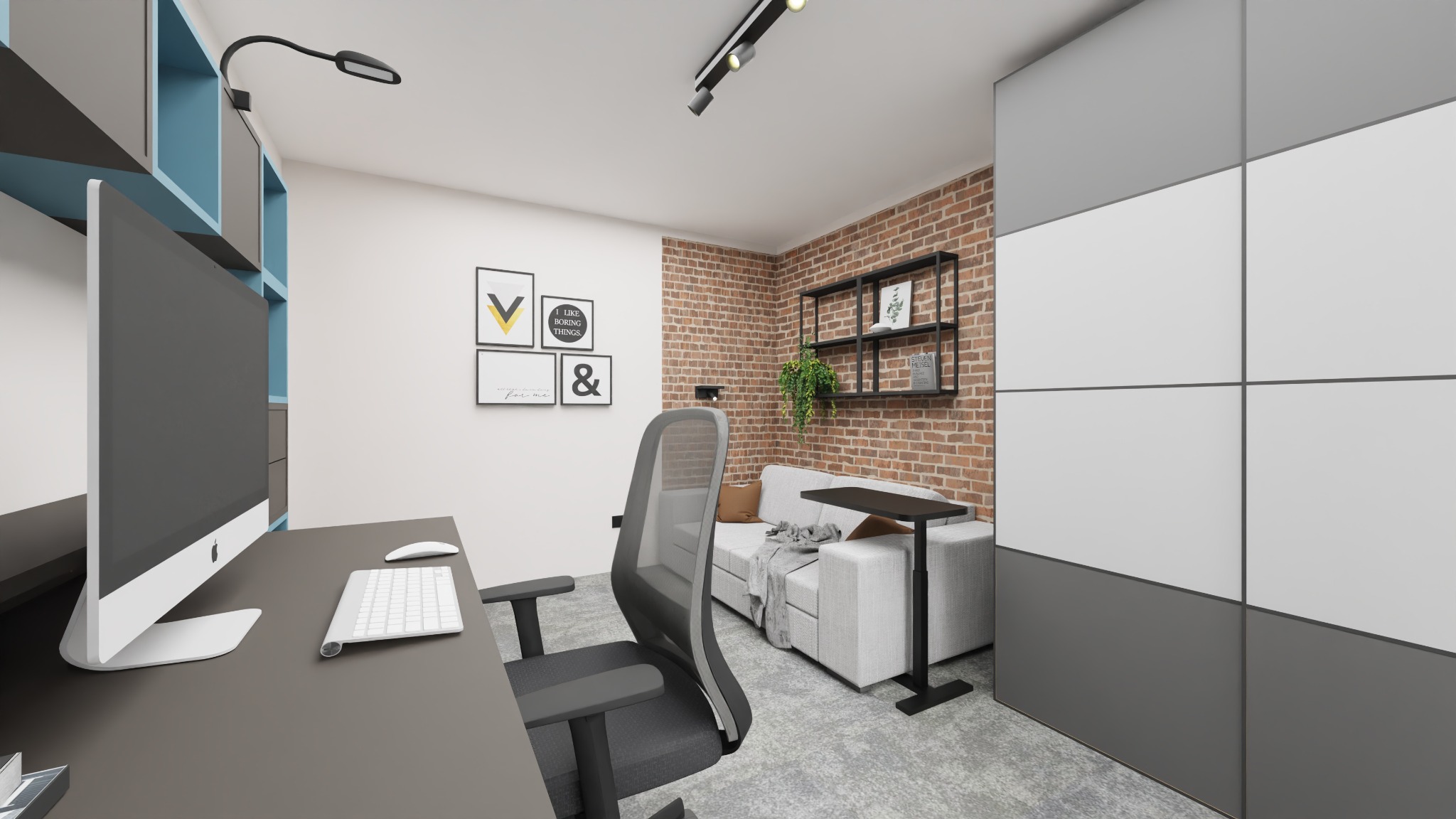 Nowoczesne biuro domowe z szarym biurkiem, komputerem iMac i ergonomicznym krzesłem, połączone z kącikiem relaksu: jasna sofa, ceglana ściana i niebieskie półki.