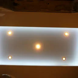 Podwieszany sufit z oświetleniem punktowym, widok z dołu, ciepłe światło żarówek.