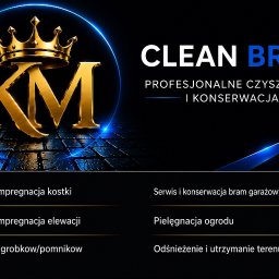 Km Clean Bruk - Złote litery 'KM' z koroną, otoczone niebieskim neonem, na tle ciemnej, mokrej kostki brukowej. Obok nazwa 'Clean Bruk' i lista usług czyszczenia, konserwacji oraz pielęgnacji.