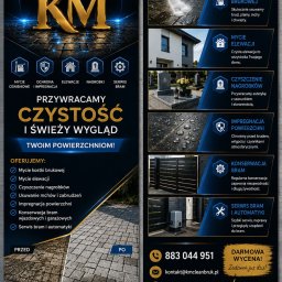 Km Clean Bruk - Pionowy baner reklamowy KM Cleanbruk, promujący usługi mycia kostki, elewacji, nagrobków, impregnacji i serwisu bram. Zawiera logo, tekst, ikony i małe zdjęcia, w tym porównanie 'przed i po'...
