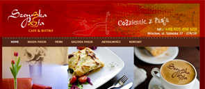 Fragment strony internetowej kawiarni 'Szemska Pasja' z widocznym menu, logotypem i zdjęciami potraw oraz adresem i numerem telefonu.