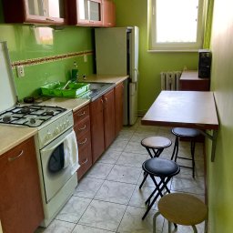Hanna Mykhailova - Kuchenne wnętrze z jaskrawozielonymi ścianami, brązowymi szafkami, białym piecem gazowym i lodówką. Na blacie zielony ociekacz, przy ścianie składany stół z trzema stołkami. Jasne okno wpuszcza...