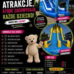 EventLand - Promocyjna grafika Eventland z niebieskim dmuchańcem 'Ocean', żółto-niebieskim 'Minionki' oraz dużym pluszowym misiem, reklamująca atrakcje dla dzieci.