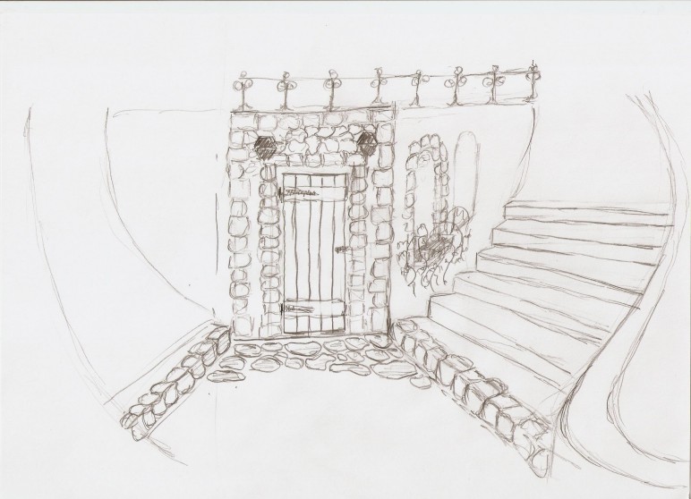 Szkic ołówkiem przedstawia kamienne schody prowadzące do drzwi w kamiennej obudowie z kutą balustradą, obok wnęka z roślinami.