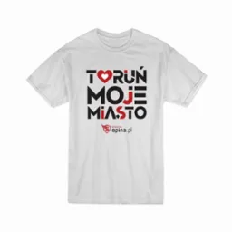 Biała koszulka z czarno-czerwonym nadrukiem 'TORUŃ MOJE MIASTO' i logo drukarni spina.pl