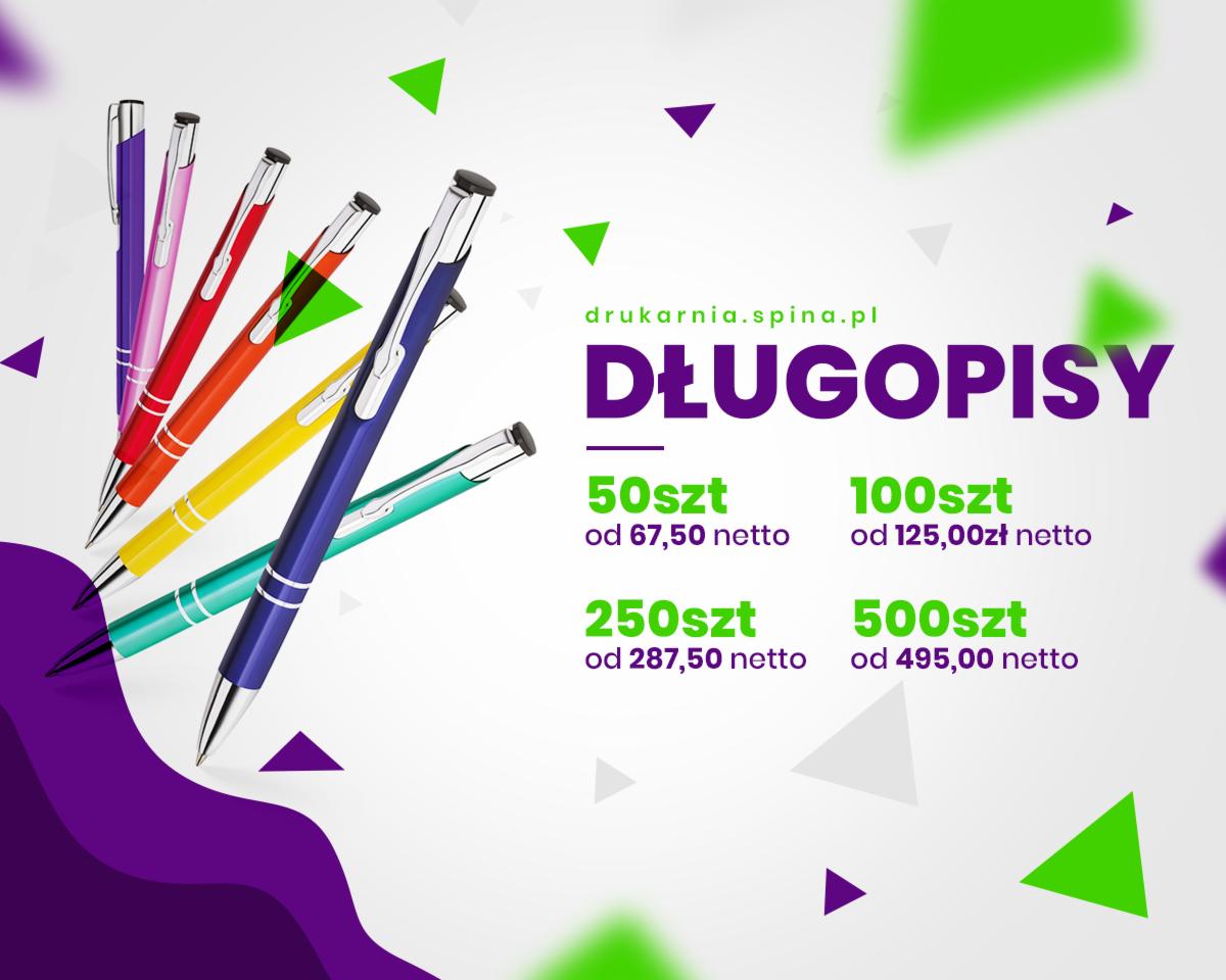 Kolorowe długopisy z nadrukiem, oferta cenowa drukarni z podanymi cenami netto za różne ilości.
