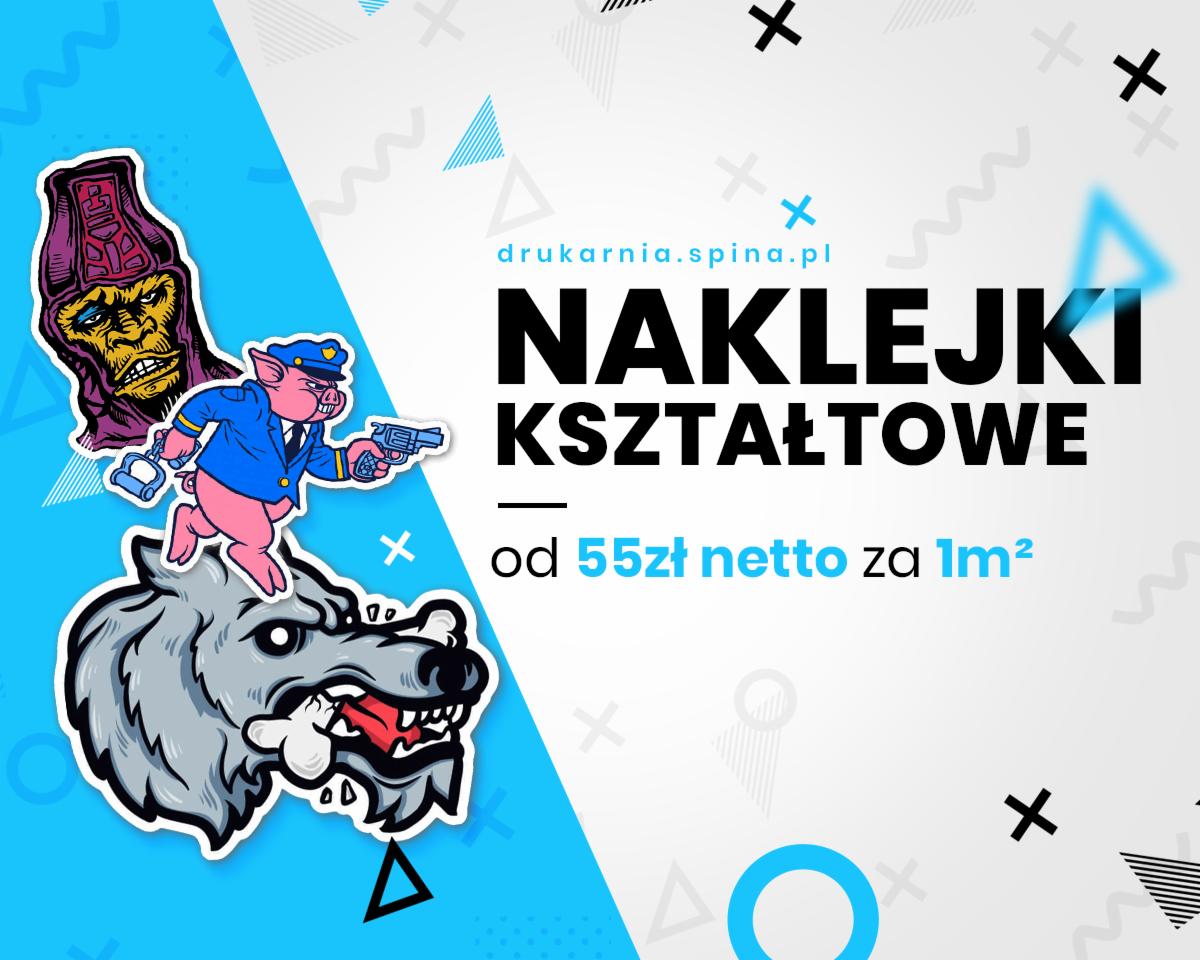 Grafika reklamowa drukarni prezentująca naklejki kształtowe z motywami kreskówkowymi: postać z Gwiezdnych Wojen, świnia w mundurze policjanta z pistoletem i wilk gryzący kość, na tle...