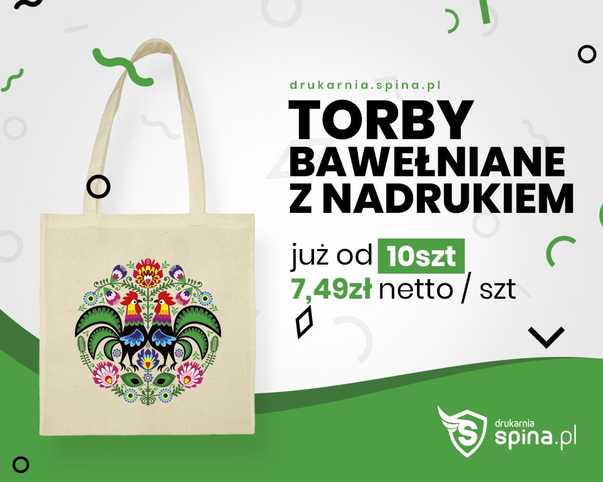 Bawełniana torba z nadrukiem ludowym kogutów i kwiatów na beżowym tle, prezentowana jako oferta drukarni.