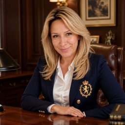Izabela Matecka - Uśmiechnięta kobieta w granatowej marynarce z haftowanym złotym herbem (lew i korona) siedzi przy eleganckim, polerowanym biurku w luksusowym gabinecie z lampą i regałem z książkami.