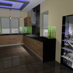 Wizualizacja 3D nowoczesnej kuchni z drewnianymi frontami, czarnym blatem i oknami z poziomymi żaluzjami. Na ścianie szafka z podświetloną grafiką nocnego miasta.