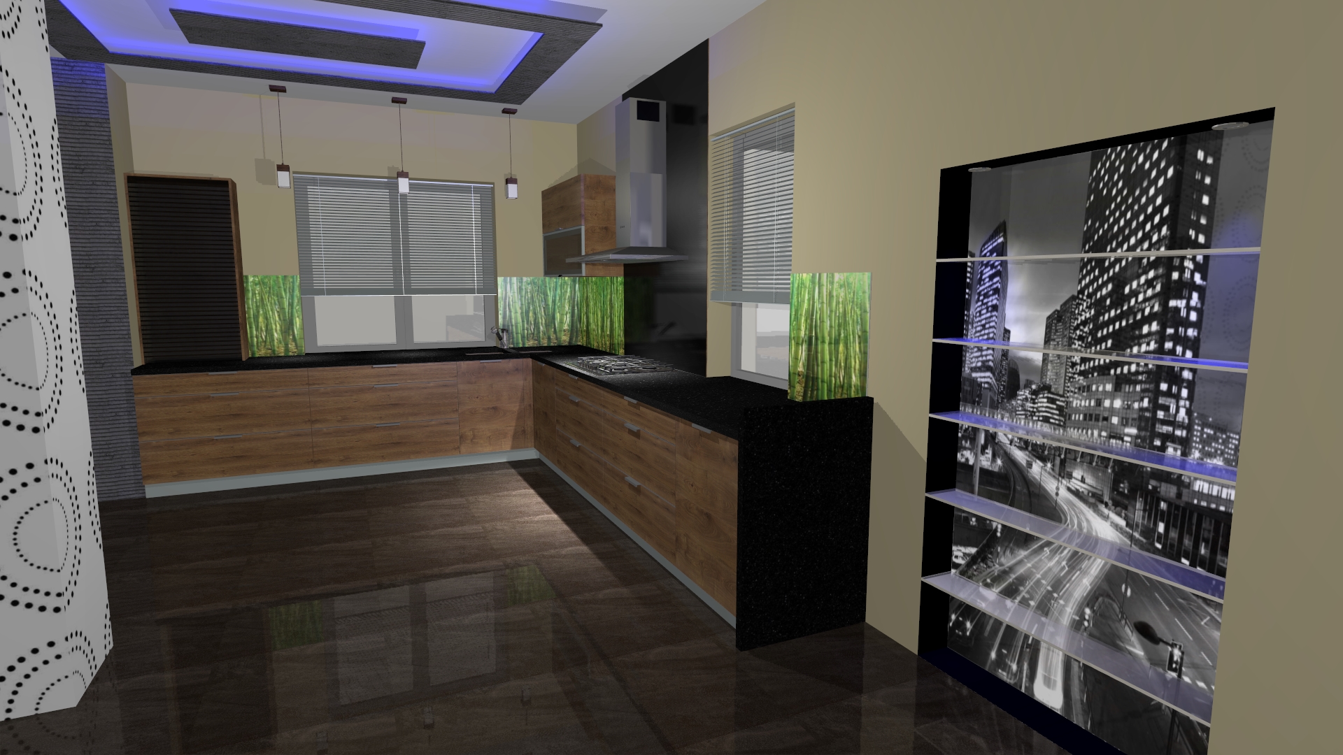 Wizualizacja 3D nowoczesnej kuchni z drewnianymi frontami, czarnym blatem i oknami z poziomymi żaluzjami. Na ścianie szafka z podświetloną grafiką nocnego miasta.