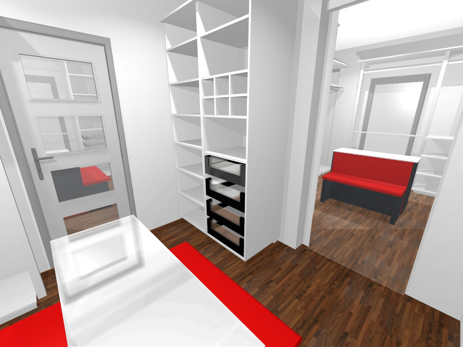 Wizualizacja 3D garderoby z białymi regałami, szufladami z czarnymi obramowaniami oraz czerwonym akcentem kolorystycznym na podłodze i siedzisku w tle.