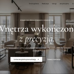 Nexona - Strona główna firmy 'Interbud MP' z nagłówkiem 'Wnętrza wykończone z precyzją', prezentująca elegancki salon z jadalnią w neutralnych barwach.